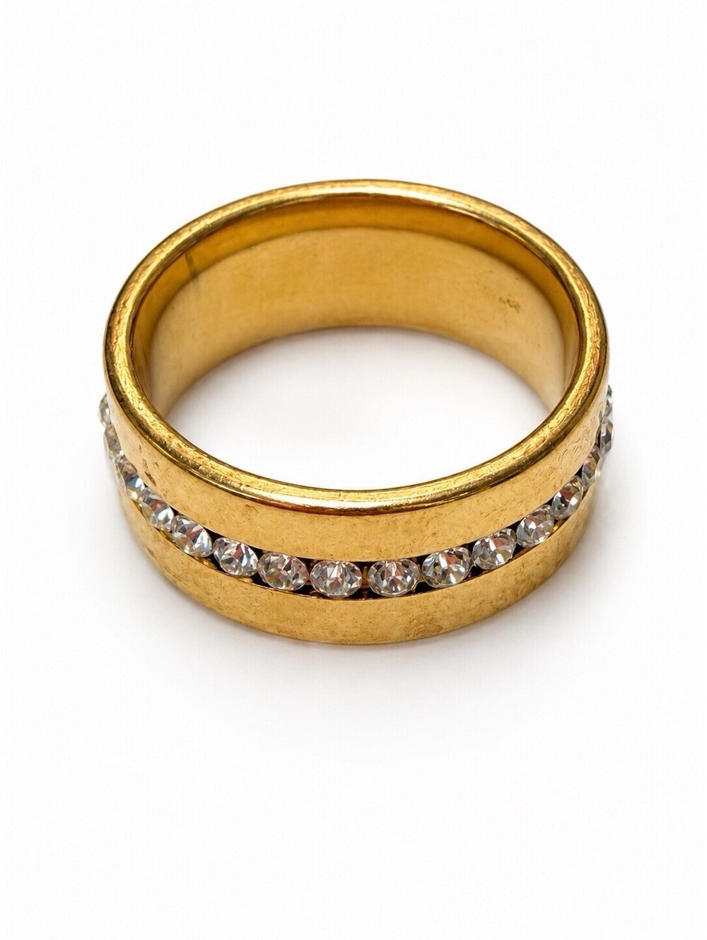 Gold Tone CZ Crystal Channel Set Band Ring Wide Wedding Anniversary Size 7